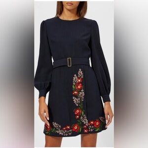 Ted Baker Navy Long Sleeved Dress with Floral Embroidery, Size 10